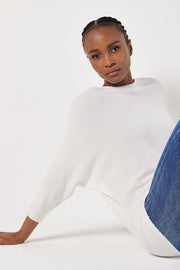 Textured-Knit Batwing Sweater in White