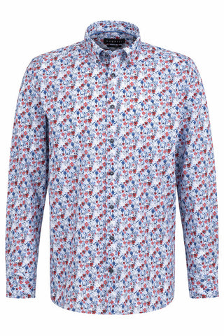 Long-Sleeved Sport Shirt in Light-Blue-and-Red Floral Print