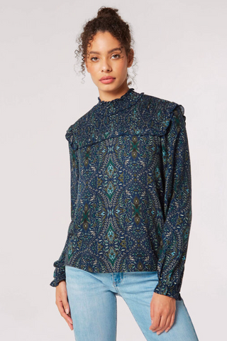 Ruffled Blouse in Navy-Olive Paisley