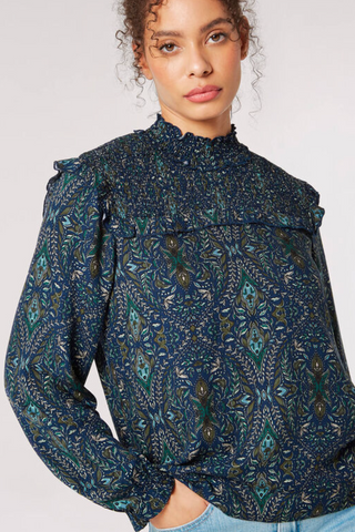 Ruffled Blouse in Navy-Olive Paisley
