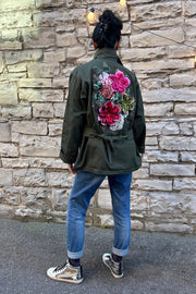 Army Jacket With Floral Appliqué in Green