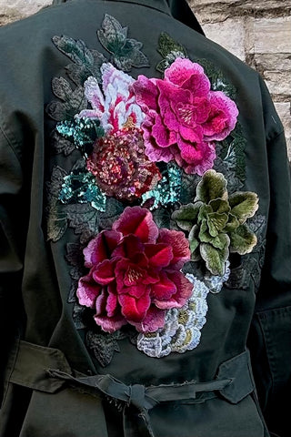 Army Jacket With Floral Appliqué in Green