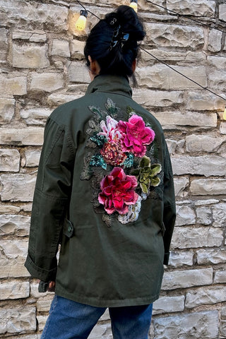 Army Jacket With Floral Appliqué in Green