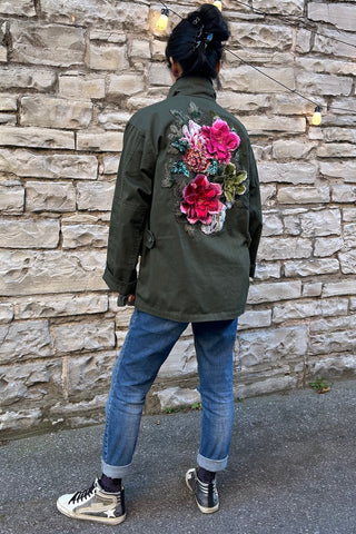 Army Jacket With Floral Appliqué in Green