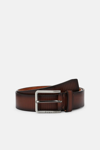 Railroad-Stamped Leather Belt in Tan and Dark Brown