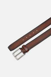 Railroad-Stamped Leather Belt in Tan and Dark Brown