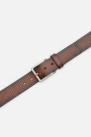 Railroad-Stamped Leather Belt in Tan and Dark Brown