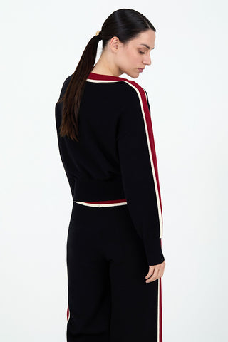 Sweater in Black with Red Intarsia Stripe Detail