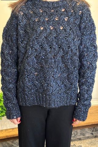 Criss Cross Cable Crew Sweater in Twilight Blue