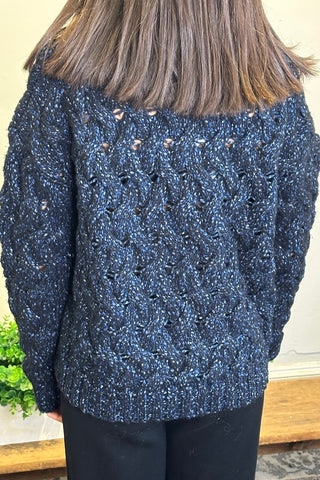 Criss Cross Cable Crew Sweater in Twilight Blue