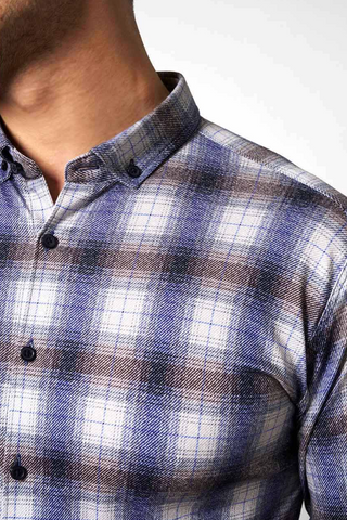 Long-Sleeved Sport Shirt in Blue-Brown Check