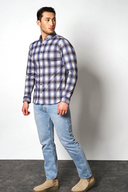 Long-Sleeved Sport Shirt in Blue-Brown Check