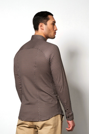 Long-Sleeved Sport Shirt in Brown Mini-Geometric Print
