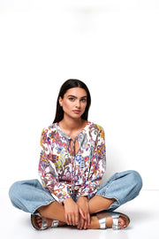 Layla Long-Sleeved Shirt in Multicoloured Floral Print on White