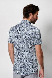 Short-Sleeved Knit Sport Shirt in Navy Aztec Print