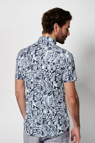 Short-Sleeved Knit Sport Shirt in Navy Aztec Print