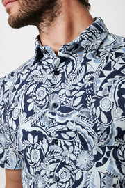 Short-Sleeved Knit Sport Shirt in Navy Aztec Print