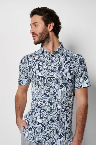 Short-Sleeved Knit Sport Shirt in Navy Aztec Print