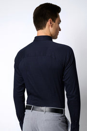 Long-Sleeved Knit Sport Shirt in Tone-on-Tone Navy Honeycomb Print