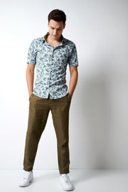 Short-Sleeved Knit Sport Shirt in Green Jungle Print