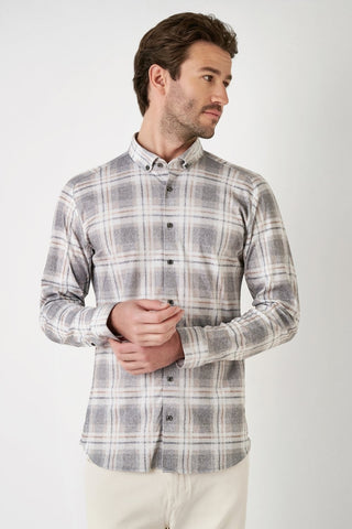 Long-Sleeved Knit Sport Shirt in Grey Plaid