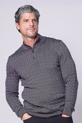 Button Up Mock Neck Sweater with Burgundy Tipping