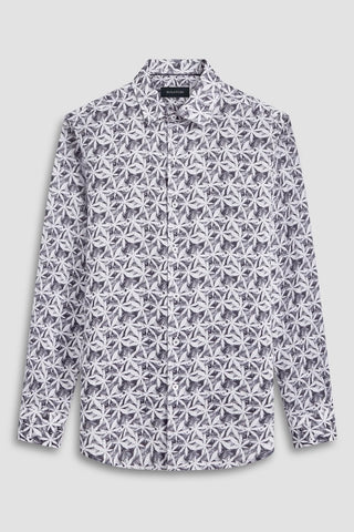 Julian Long-Sleeved Linen Shirt in Navy Leaf Print