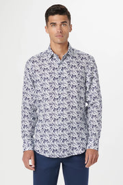 Julian Long-Sleeved Linen Shirt in Navy Leaf Print