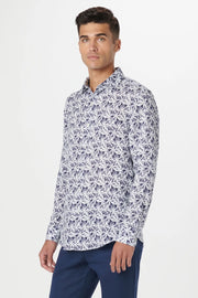 Julian Long-Sleeved Linen Shirt in Navy Leaf Print