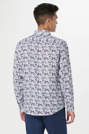 Julian Long-Sleeved Linen Shirt in Navy Leaf Print