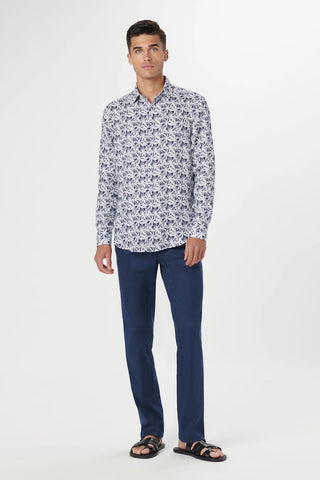 Julian Long-Sleeved Linen Shirt in Navy Leaf Print