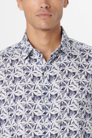 Julian Long-Sleeved Linen Shirt in Navy Leaf Print