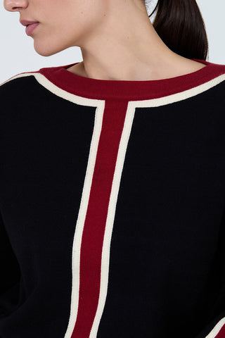 Sweater in Black with Red Intarsia Stripe Detail
