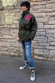 Army Jacket With Floral Appliqué in Green