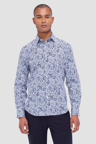 Julian Long-Sleeved Shirt in a Navy Floral Print on White