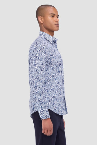 Julian Long-Sleeved Shirt in a Navy Floral Print on White