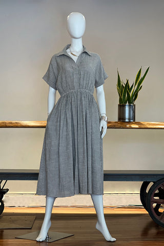 Midi-Length Dress in Grey Stripe