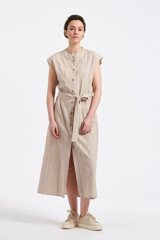 Brenda Midi-Length Cotton Shirt Dress in Cocoa Stripes