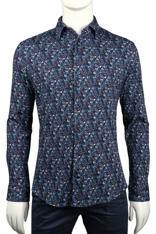 Modern Fit Long-Sleeve Casual Shirt in Navy Micro Floral Print