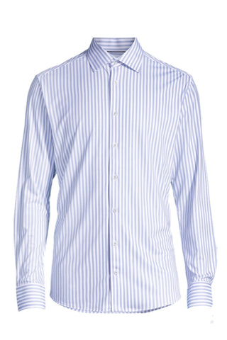 Long-Sleeved Knit Dress Shirt in Blue Banker Stripe