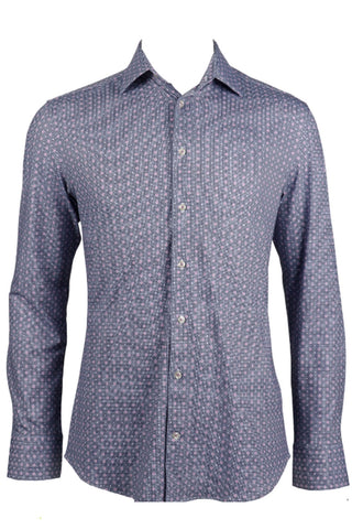 Long-Sleeved Knit Dress Shirt in Navy Graphic Print