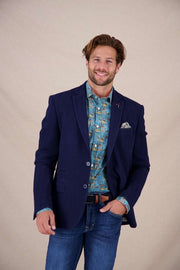 Wool Blazer in Navy Tone-on-Tone Herringbone