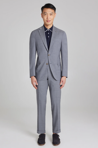 Dean Neat Wool-Stretch Suit in Light Grey Mini-Check