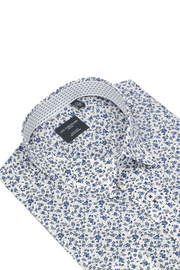 Long-Sleeved Sport Shirt in Blue Micro-Floral on White