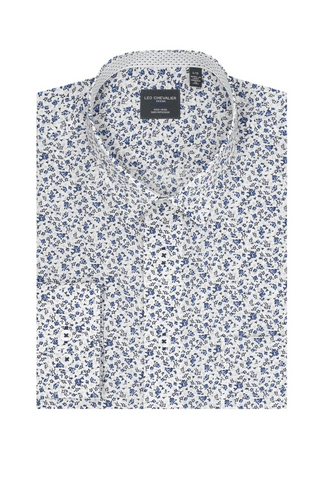 Long-Sleeved Sport Shirt in Blue Micro-Floral on White