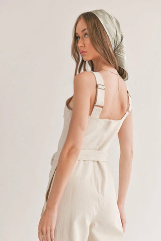 Gia Belted Denim Overall in Oatmeal