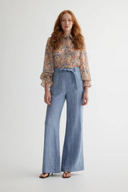 Wide Leg Denim Look Linen Pant in Light Blue