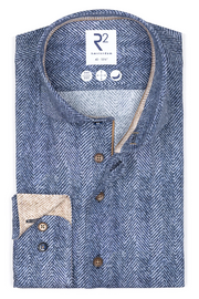 Long-Sleeved Shirt in Blue Herringbone Print With Tan Trim