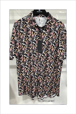 Short-Sleeved Knit Sport Shirt in Tropical Bird Print