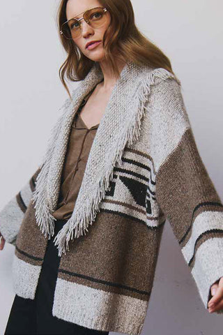 Southwest Fringed Shawl Collar Over-sweater in Brownie/Neutral